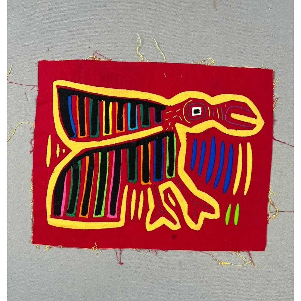 VTG Kuna Mola Hand Sewn Art Textile Fabric Folk Fabric Eagle Bird Quilt‎ Block